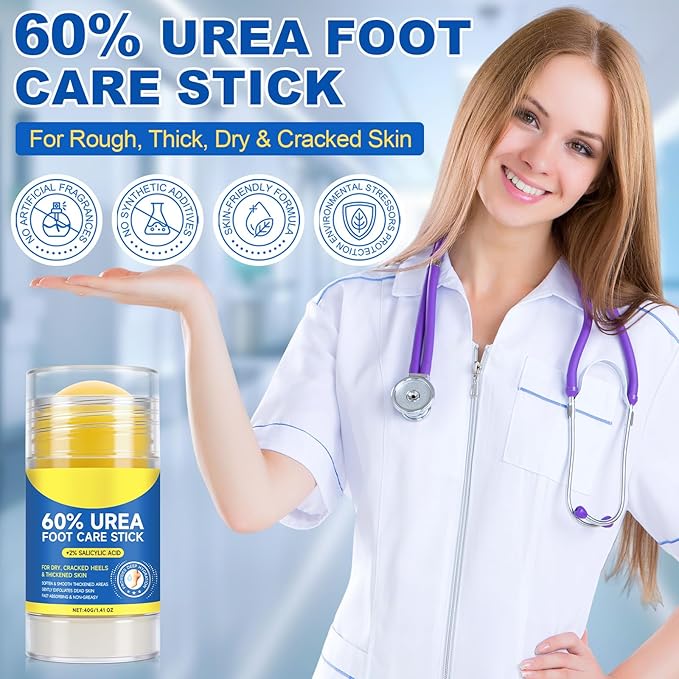 Urea Cream 60% Plus Salicylic Acid 2% Foot Balm Stick for Dry Cracked/Chapped Heel, Skinned knees, Hand Intensively Hydration & Moisturization, Callus Removal & Softening, Soothing|1.41 Oz/40 G