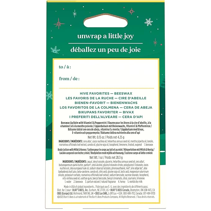 Burt's Bees Hive Favorites Beeswax Holiday Gift Set, Beeswax Lip Balm and Travel Size Body Lotion with Milk and Honey