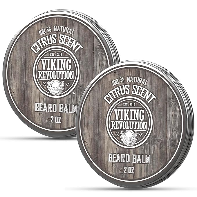 Viking Revolution Citrus Beard Balm - Beard Butter with Argan Oil, Beard Softener for Men with Jojoba Oil - Beard Moisturizer for Men with Beeswax - Beard Wax for Men with Mango Butter (2oz, 2 Pack)