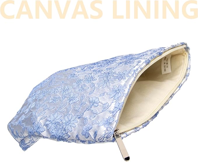 PAZIMIIK Makeup Bag Large Cotton Zipper Pouch for Purse Travel Canvas Make Up Organizer for Women Cosmetic,Brocade Silver