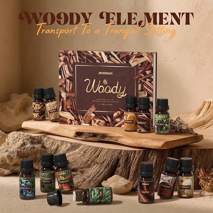 Woody Essential Oils Set, ARVIDSSON Natural Fragrance Oils Gift Set, 12 x 10ml Woodsy Essential Oil for Diffuser - Cedarwood, Sandalwood, Pine, Cypress, Frankincense, Juniper Berry, Clove