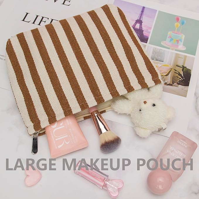 PAZIMIIK Makeup Bag Large Cotton Zipper Pouch for Purse Travel Canvas Make Up Organizer for Women Cosmetic,Stripe Coffee