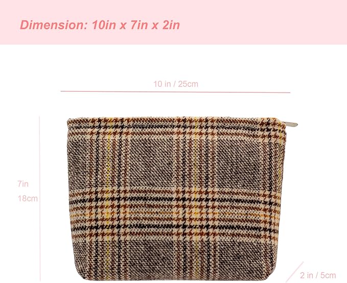 Makeup Bags for Purse Zipper Cosmetic Pouch Large Travel Canvas Make Up Organizer Tool Pouch for Women and Girls,Plaid Brown
