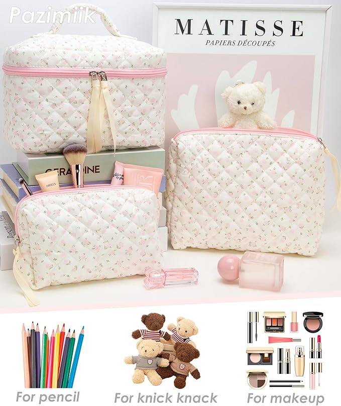 3PCS Makeup Bag SET Large Travel Quilted Zipper Soft Cosmetic Case Pouch for Women Girls Make Up,Little Flower Pink