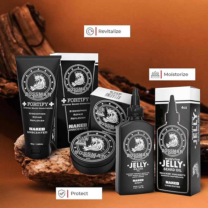 Bossman Essentials Beard Kit for Men – Beard Oil Jelly, Fortifying Conditioner Cream & Beard Balm – Grooming Care Accessories (Naked - Unscented)