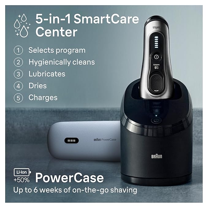 Braun Series 8 Electric Shaver, Shaving Kit with 4+1 Shaving Elements, Precision Long Hair Trimmer, SmartCare Center, PowerCase