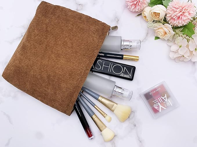 PAZIMIIK Makeup Bag Large Zipper Corduroy Make Up Pouch for Purse Travel Canvas Cosmetic Organizer for Women Brush Storage,Brown