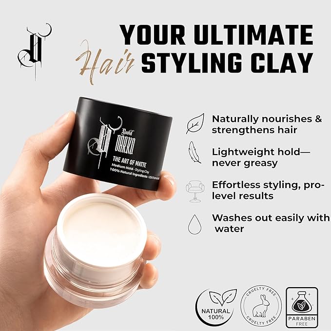 David Darko Hair Clay for Men – 100% Natural Matte Finish | Medium Hold, Easy to Wash Out | Texturizing & Styling Clay | USA-Formulated 2.82 oz