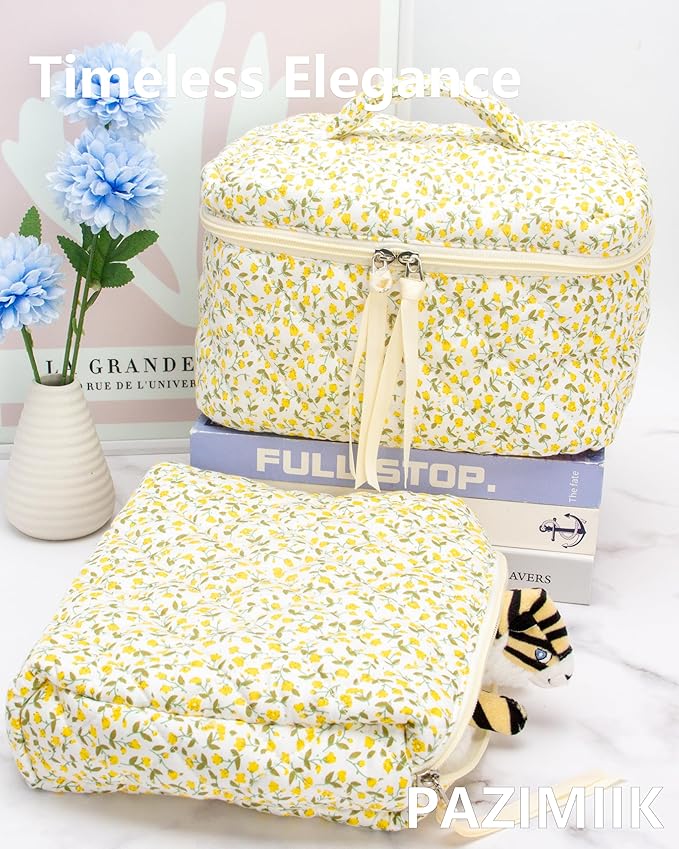 PAZIMIIK Quilted Makeup Bag Large Travel Zipper Soft Cosmetic Case for Women Girls Make Up,Floral Yellow