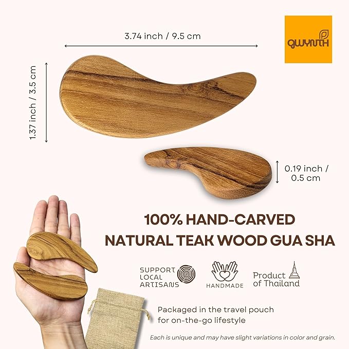 Teak Wood Gua Sha Facial Tool for Face and Body Massage, Anti-Aging Reduce Puffiness Wrinkles Shape Jawline Skincare Routine Treatment, Wooden Gua Sha Massager with Travel Pouch for Gift Set