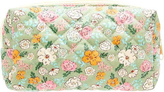 PAZIMIIK Vintage Quilted Makeup Bag Cosmetic Pouch for Brushes Pencils and Travel Make Up Accessories for Women and Girls Floral Green
