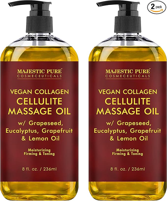 MAJESTIC PURE Cellulite Massage Oil for Massage Therapy - Refreshing, and Relaxing - Natural Oils with with Vegan Collagen & Stem Cells - for All Skin Types - Men and Women - 8 fl oz