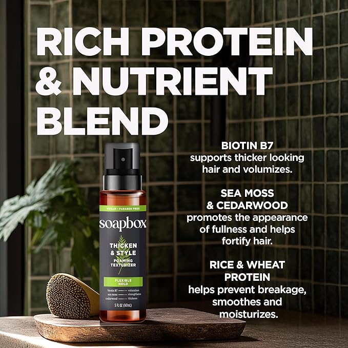 Soapbox Men's Thicken & Style Foaming Texturizer, Men's Hair Styling Foam, Hair Care for Men, 5oz