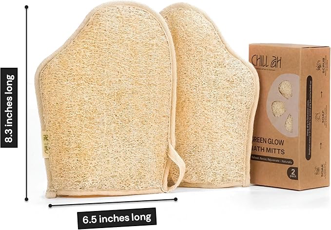 Chill Ah Green Glow Dual-Sided Loofah Bath Mitts (2-Pack) – 100% Plant-Based, Dye-Free, Biodegradable, Handcrafted in Vietnam – Natural Exfoliating Gloves for Glowing Skin