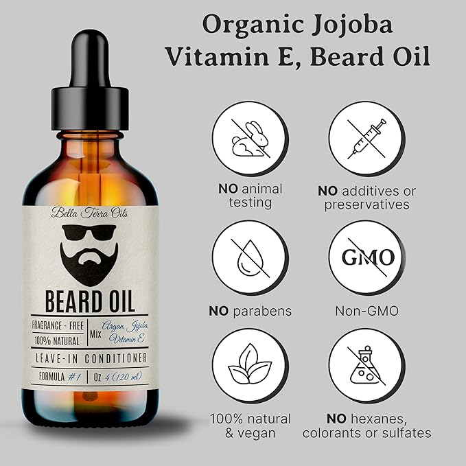 Bella Terra Oils - Beard Oil 4oz - Crafted with Genuine Natural Organic Vitamin E, Organic Jojoba & Argan, Classic Anti-Friz Formula, Elevating Beard Luster & Care