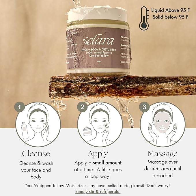 Elara Beef Tallow For Skin - Whipped Tallow Balm For Face And Body - 100% Grass-Fed Tallow Skin Balm With Marula And Sweet Almond Oil - 4 Fl. Oz. - Lavender