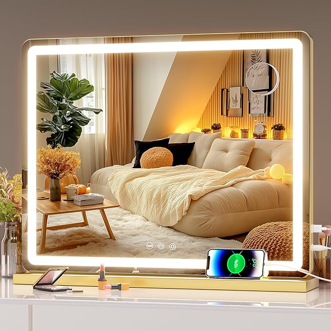 Hasipu Vanity Mirror with Lights, 22.8" x 18" LED Makeup Mirror, Lighted Makeup Mirror with Dimmable 3 Modes, Touch Screen Control Vanity Mirror Round Gold