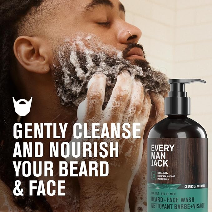 Every Man Jack Beard + Face Wash - Subtle Sea Salt Fragrance - Deep Cleans, Conditions, and Softens Your Beard and Skin Underneath - Naturally Derived with Coconut Oil, Glycerin, and Coconut - 6.7-fl oz (2 Pack)