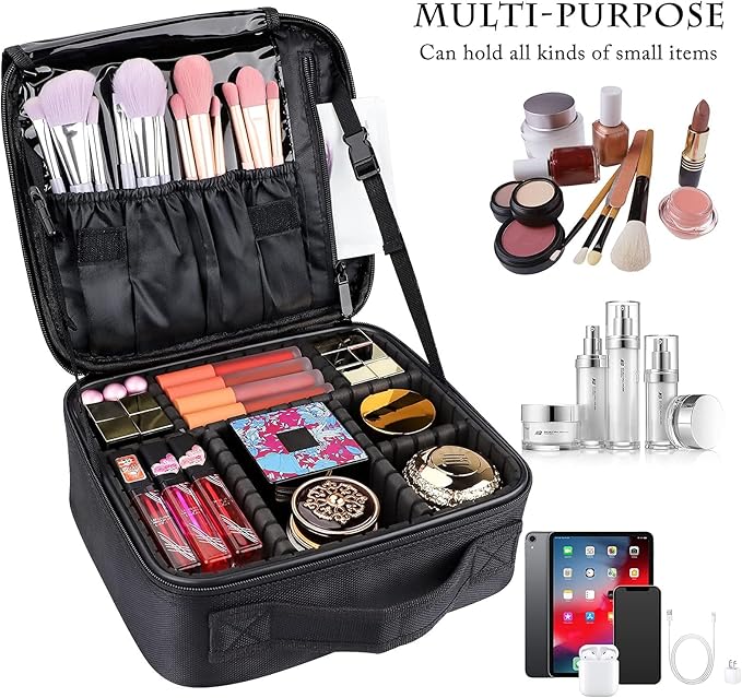 JOURMON Travel Makeup Bag, Large Capacity Cosmetic Train Case for Women Portable Pouch Open Flat Artist Brushes Toiletry Jewelry Digital Organizer Storage Bag with Adjustable Dividers (Black,S)