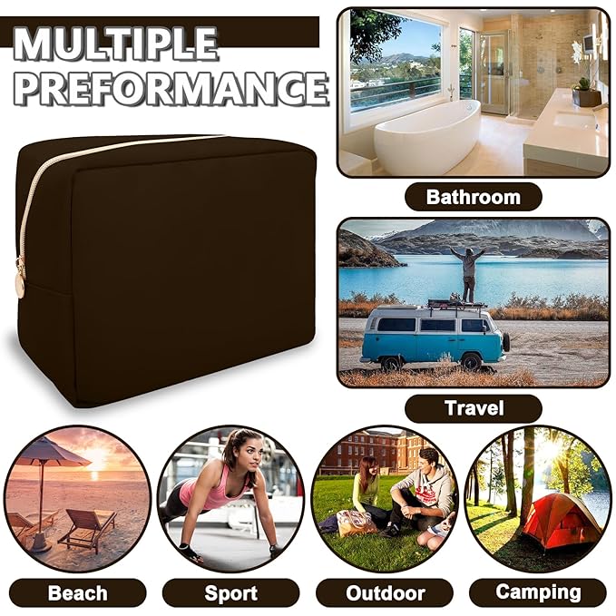 Large Makeup Bag Pouch,Nylon Women Travel Toiletry Storage Bag Preppy Cosmetic Bag for Girls,Big Makeup Organizer Bag Cute Zipper Pouch Skincare Bag for Sport Work Gift(Large-Chocolate)