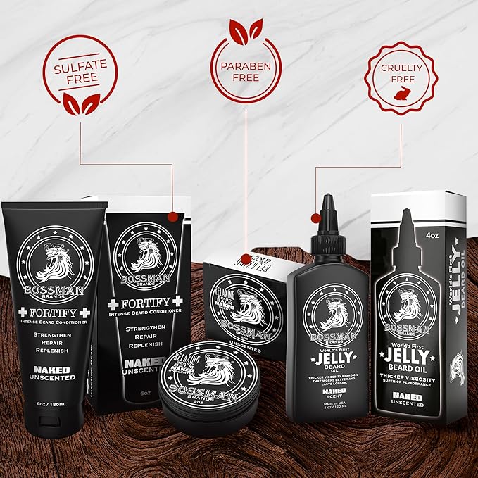 Bossman Essentials Beard Kit for Men – Beard Oil Jelly, Fortifying Conditioner Cream & Beard Balm – Grooming Care Accessories (Naked - Unscented)