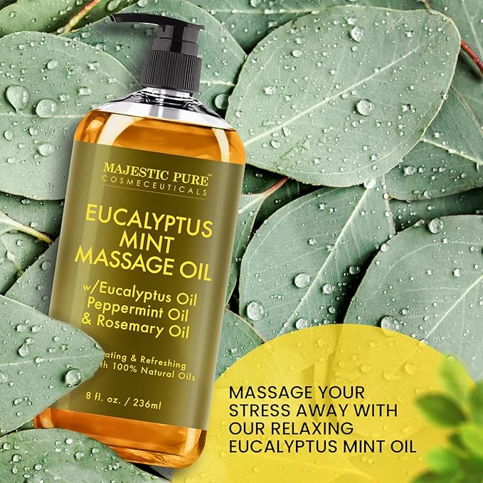 MAJESTIC PURE Eucalyptus Mint Massage Oil for Massage Therapy - Refreshing, and Relaxing - Natural Oils with Eucalyptus Essential Oil - for All Skin Types - Men and Women - 8 fl oz