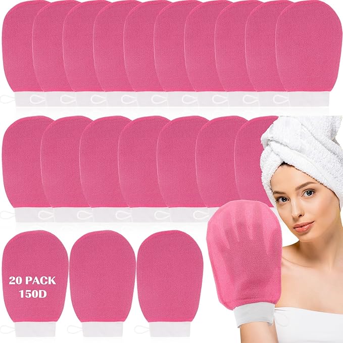 20 Pcs Exfoliating Glove Bulk Summer Exfoliator Mitt Body Scrubber 150d Viscose Fiber Deep Skin Korean Scrub Mitt for Spa Massage Dead Skin Remover for Men and Women(Rose Red)