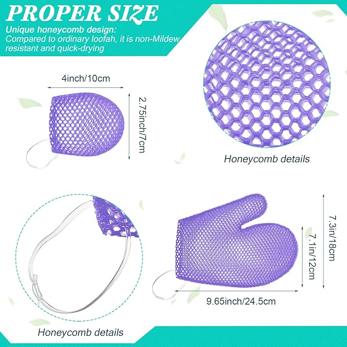 Karenhi 2 Pcs Honeycomb Exfoliating Glove Set Exfoliating Bath Mitt Honeycomb Face and Body Scrubber Shower Mitt for Cleaning Body Shower Face Skin Beauty Spa, Quick Drying(Purple)