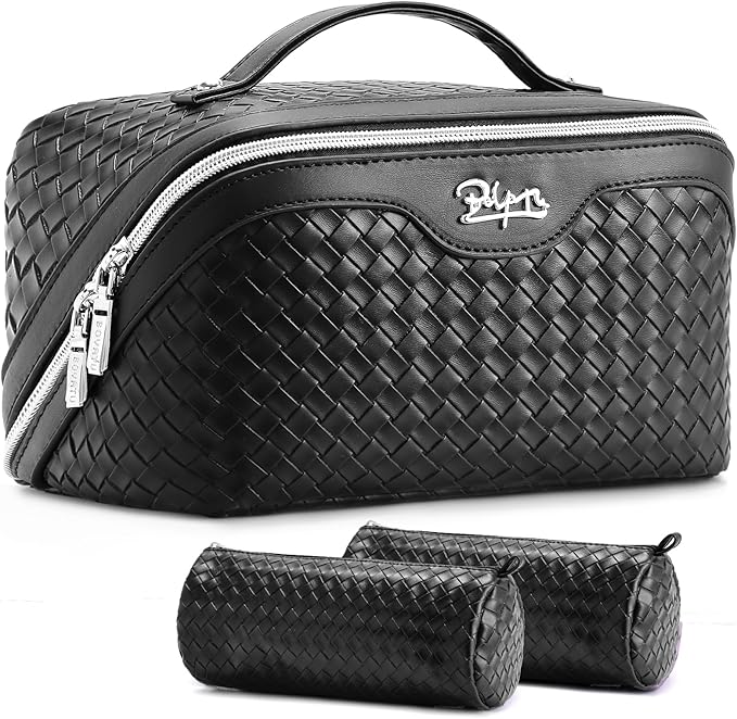 BOYATU Travel Makeup Bags for Women: 3 Pcs Large Make up Bags Set - Vegan Leather Cosmetic Bag for Traveling - Waterproof Toiletry Organizer (L03 Black)