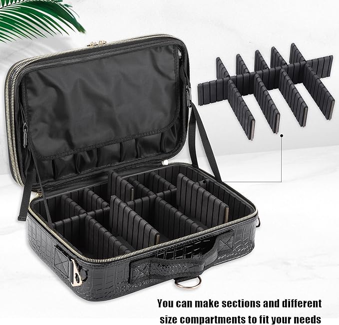 JOURMON Travel Makeup Case 3 Layers Makeup Train Case Crocodile Makeup Bag Organizer Portable Artist Storage Bag with Adjustable Dividers and Shoulder Strap