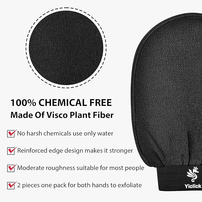 Exfoliating Gloves 2 Pcs, Exfoliating Body Scrubber for Bath Shower Exfoliation, Body Scrub Exfoliator Loofah Sponge for Dead Skin Remover, Korean Exfoliating Mitt (Black)