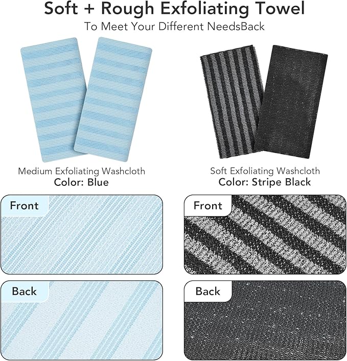 Exfoliating Washcloth Shower Towel - 2 Pack Back and Body Scrubbers for Smooth Skin | Quick-Drying, Durable, and Gentle for Sensitive Skin (Black+Blue)
