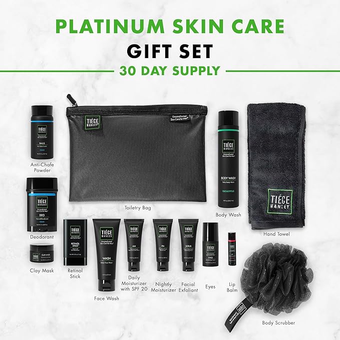Tiege Hanley Mens Skin Care Gift Box Set, Platinum - Men's Skincare Set Includes Face Wash, AM & PM Moisturizer, Scrub, Eye Cream, Clay Mask, Retinol Stick, Body Wash, Deodorant, Lip Balm