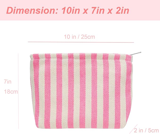 Makeup Bag Large Cotton Zipper Pouch for Purse Travel Canvas Make Up Organizer for Women Cosmetic,Stripe Pink