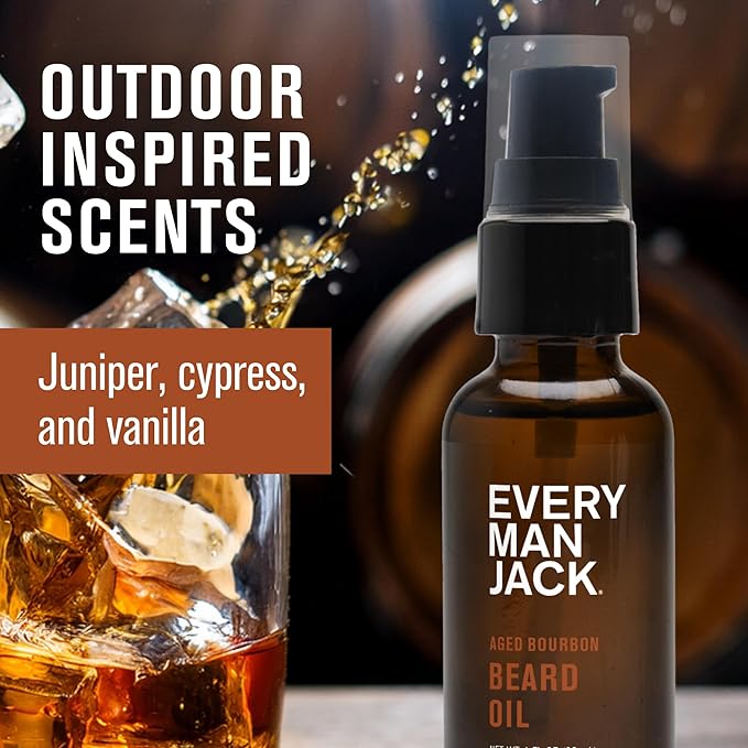 Every Man Jack Mens Beard Oil - Aged Bourbon Fragrance - Deeply Moisturizes and Softens Your Beard and Adds a Natural Shine - Naturally Derived with Shea Butter and Argan Oil - 1 fl oz