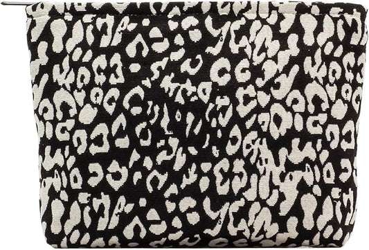 Makeup Bags for Purse Zipper Cosmetic Pouch Large Travel Canvas Make Up Organizer Tool Pouch for Women and Girls,Leopard Black