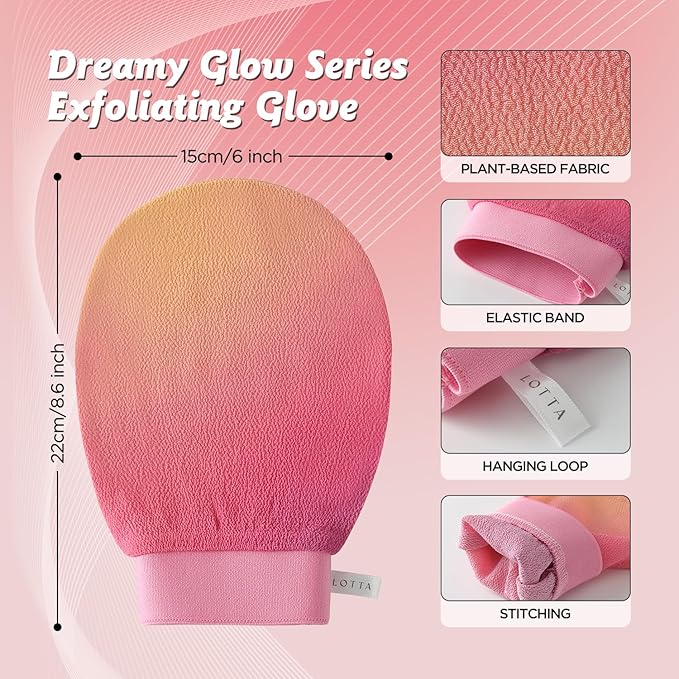 LOTTA Dreamy-Glow Deep Exfoliating Glove - Vegan Dead Skin Removal Body Scrub Mitt Bath Washcloth for Women Shower Exfoliation (Rose Garden)