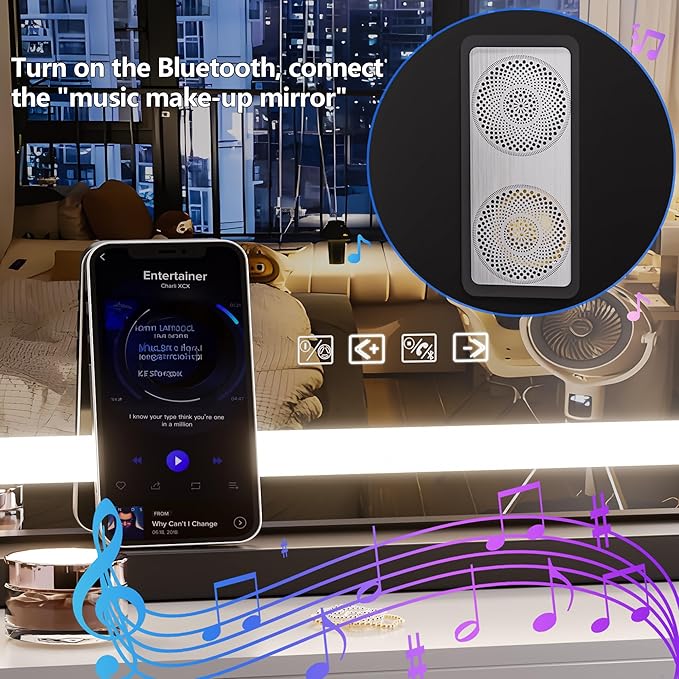 Hasipu Vanity Mirror with Lights and Bluetooth Speaker, 32" x 21.7" LED Makeup Mirror, Lighted Makeup Mirror with Dimmable 3 Modes, USB Charging Port, Round Black