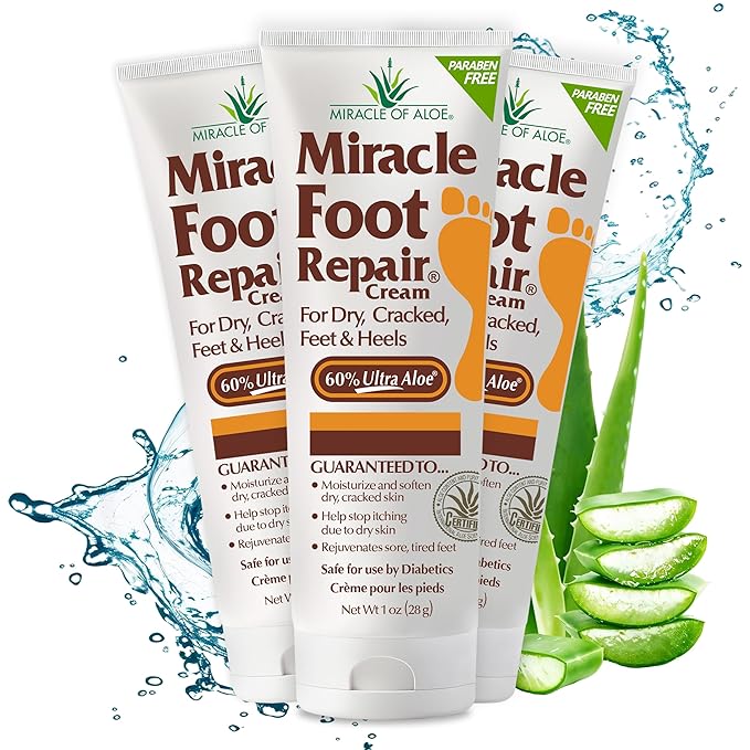 Miracle Foot Repair Cream, (1 oz / 3 Pack) Repairs Dry Cracked Heels and Feet, 60% Pure UltraAloe Moisturizes, Softens, and Repairs