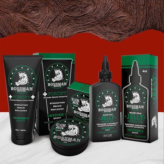 Bossman Essentials Beard Kit for Men – Beard Oil Jelly, Fortifying Conditioner Cream & Beard Balm – Grooming Care Accessories (Vetiver X Scent)