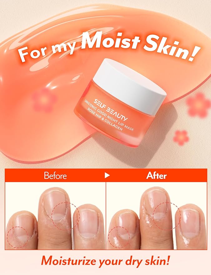 SelfBeauty Lip Mask - Rosehip & Collagen, Vegan Lip Balm, Lip Moisturizer, Overnight Hydrating Lip Treatment with Collagen Peptide, Lip Scrub Exfoliator Intensive Lip Repair, 0.51fl.oz