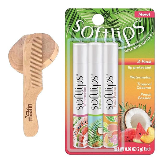 SoftLips Lip Balm, 0.63 oz - Tropical Lip Balm in Hydrating Watermelon, Coconut & Peach Flavors with Shea Butter & Vitamin E, Bundle with Moofin Wooden Comb, Nourishing LipBalm Set (Pack of 1)