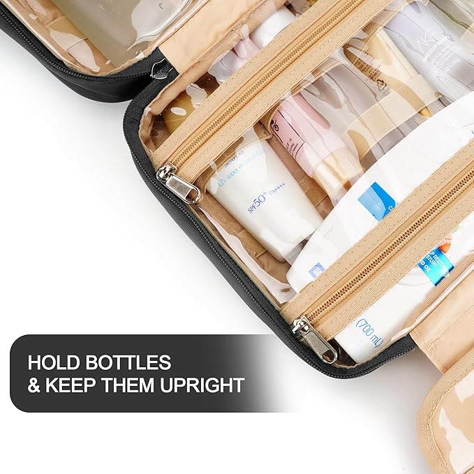 Travel Hanging Toiletry Bag for Women and Men, with 8 Leak Proofing Silicone Bottle Covers, Waterproof Makeup Accessories, Cosmetic Essentials, Cruise Ship Toiletries Bag with Jewelry Organizer, Black