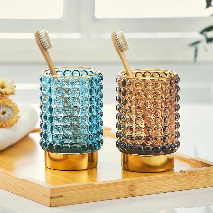Makeup Brush Holder Organizer,Toothbrush Holders,Desk Pen Pencil Holder,Multifunctional Vintage Glass Brush Cup(A38-7-US/Blue/L)