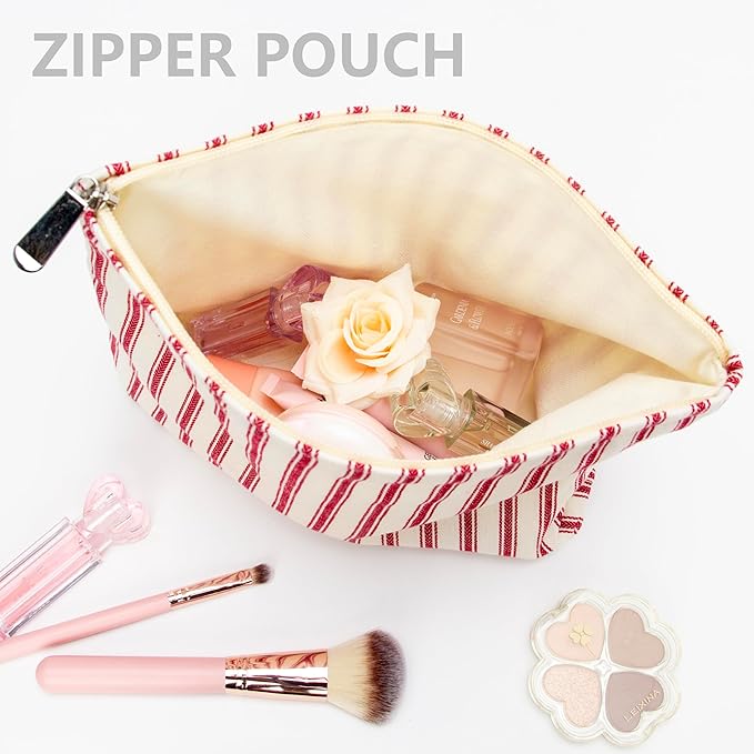 PAZIMIIK Makeup Bag Large Cotton Zipper Pouch for Purse Travel Canvas Make Up Organizer for Women Cosmetic,Vintage Stripe Red