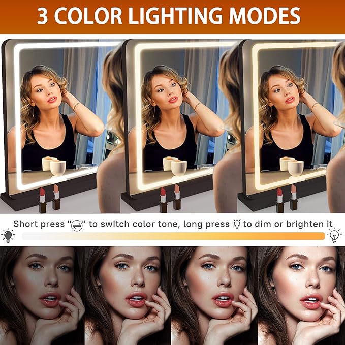 Hasipu Vanity Mirror with Lights, 31.5" x 22" LED Makeup Mirror, Lighted Makeup Mirror with Dimmable 3 Modes, Touch Screen Control Vanity Mirror Round Black