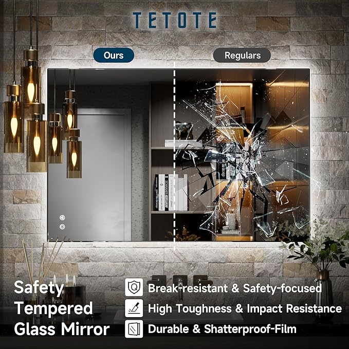 TETOTE 40 x 24 Inch LED Backlit Bathroom Vanity Mirror with Light,Anti-Fog,Dimmable,CRI90+,Touch Button,Water Proof,Horizontal/Vertical,Wall Mounted Lighted Mirror