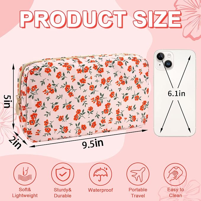 Waterproof Small Floral Makeup Bag Pouch for Purse,Nylon Flower Cosmetic Bag Preppy Travel Toiletry Storage Bag for Women Girl,Cute Makeup Organizer Bag Skincare Bag with Zipper(Small Pink-Flowers)