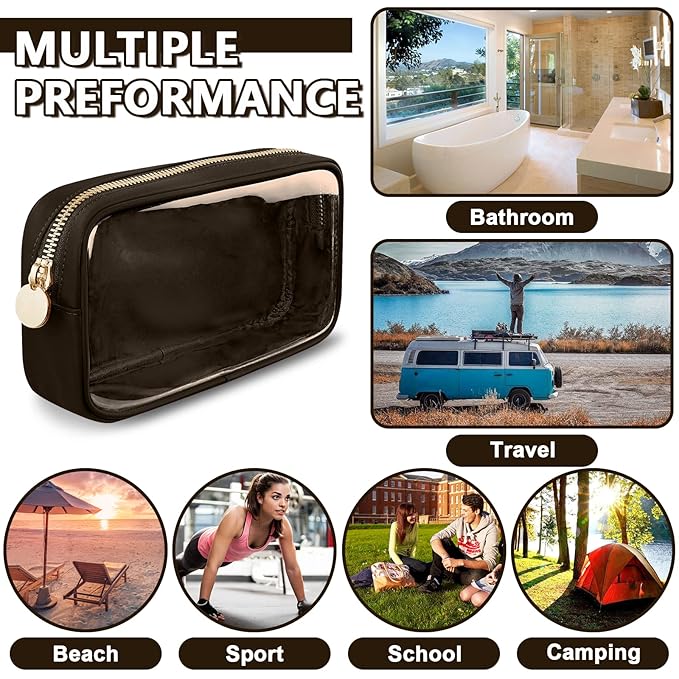 Clear Small Makeup Bag with Zipper, Nylon&PVC Cosmetic Travel Bag Preppy TSA Approved Toiletry Bag for Women Girls, Transparent Waterproof Makeup Pouches Cute Travel Bag for Purse(Small-Chocolate)
