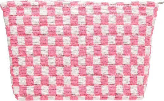 Knitted Checkered Makeup Bag Large Zipper Make Up Accessory Pouch for Purse Cosmetic Brush Bag for Travel Essential Pink White